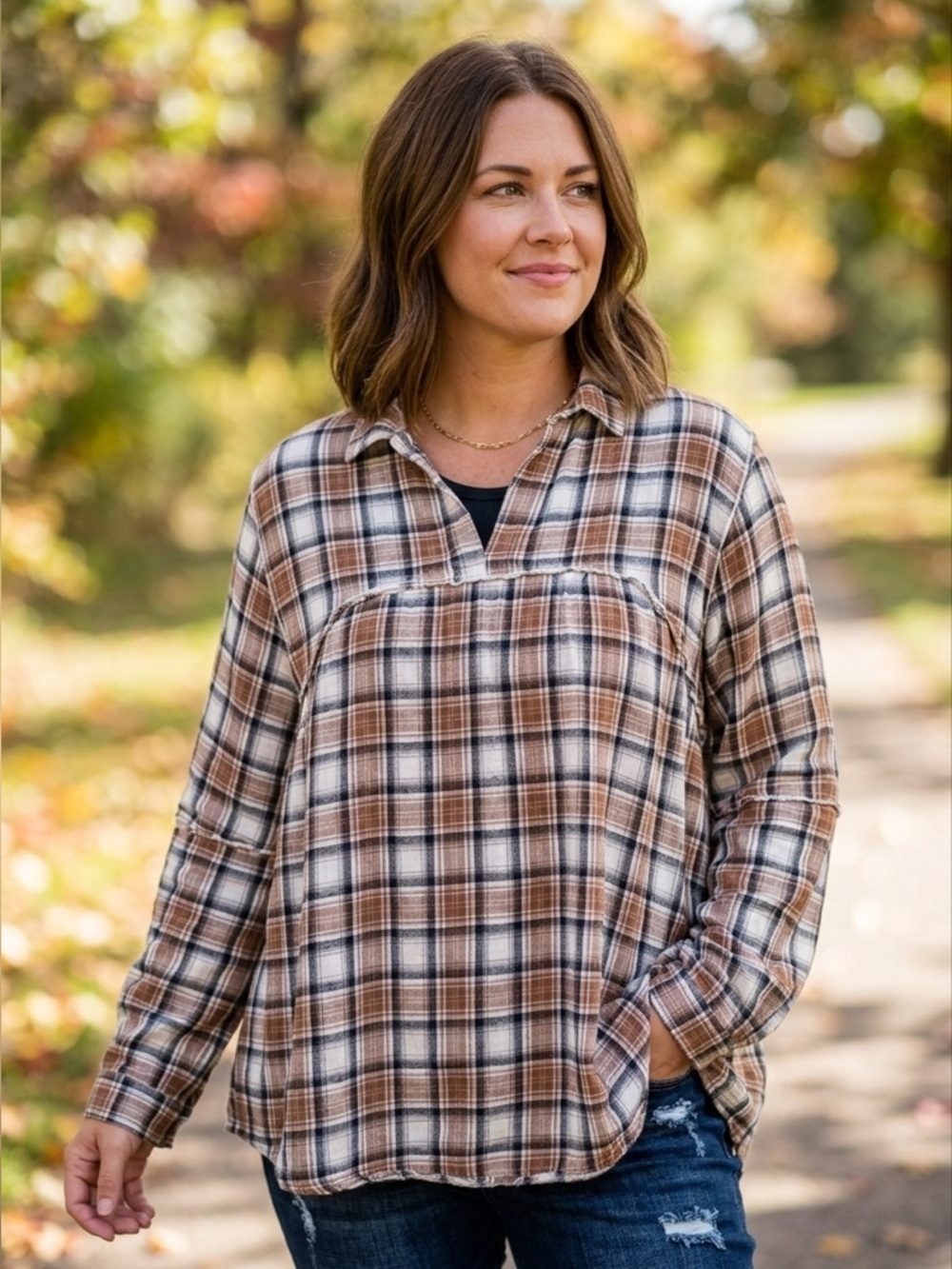 Brown, White & Black Flannel Swing Top | 100% Cotton | Sz L